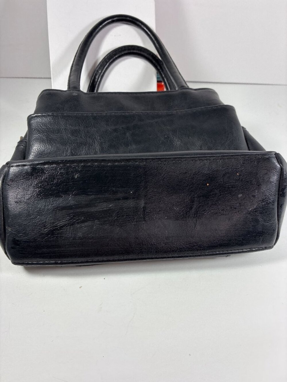 Vintage Black Leather Organizer Handbag 8 Pocket Top Handle Purse Classic Grandm - Picture 3 of 10